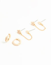 Gold Cubic Zirconia Chain & Flower Huggie Earrings 2-Pack - link has visual effect only