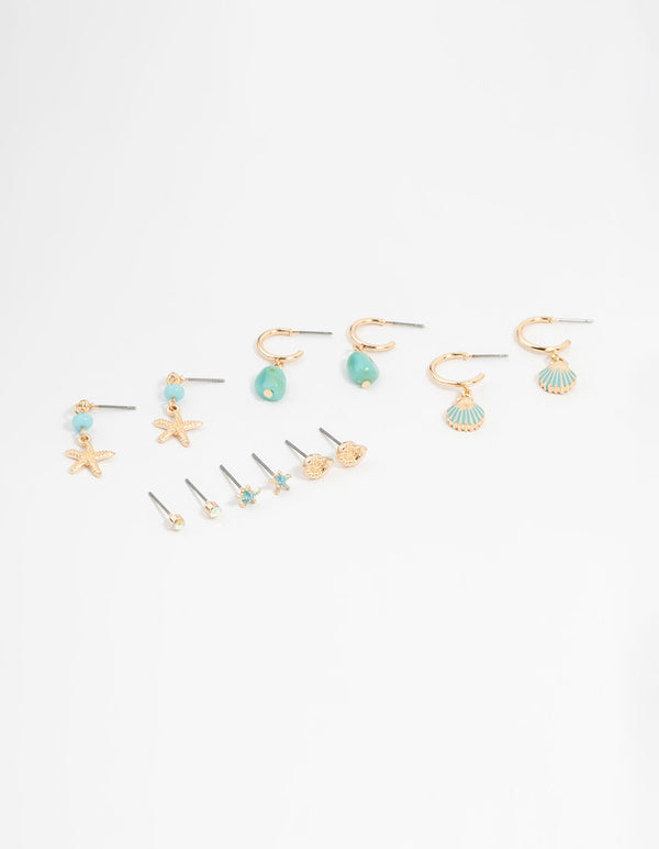 Gold Starfish & Shell Mixed Earrings 6-Pack