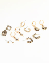 Antique Gold Sun & Star Huggie & Stud Earrings 6-Pack - link has visual effect only