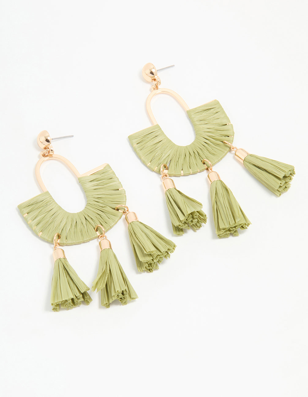 Gold & Green Half Woven Tassel Drop Earrings