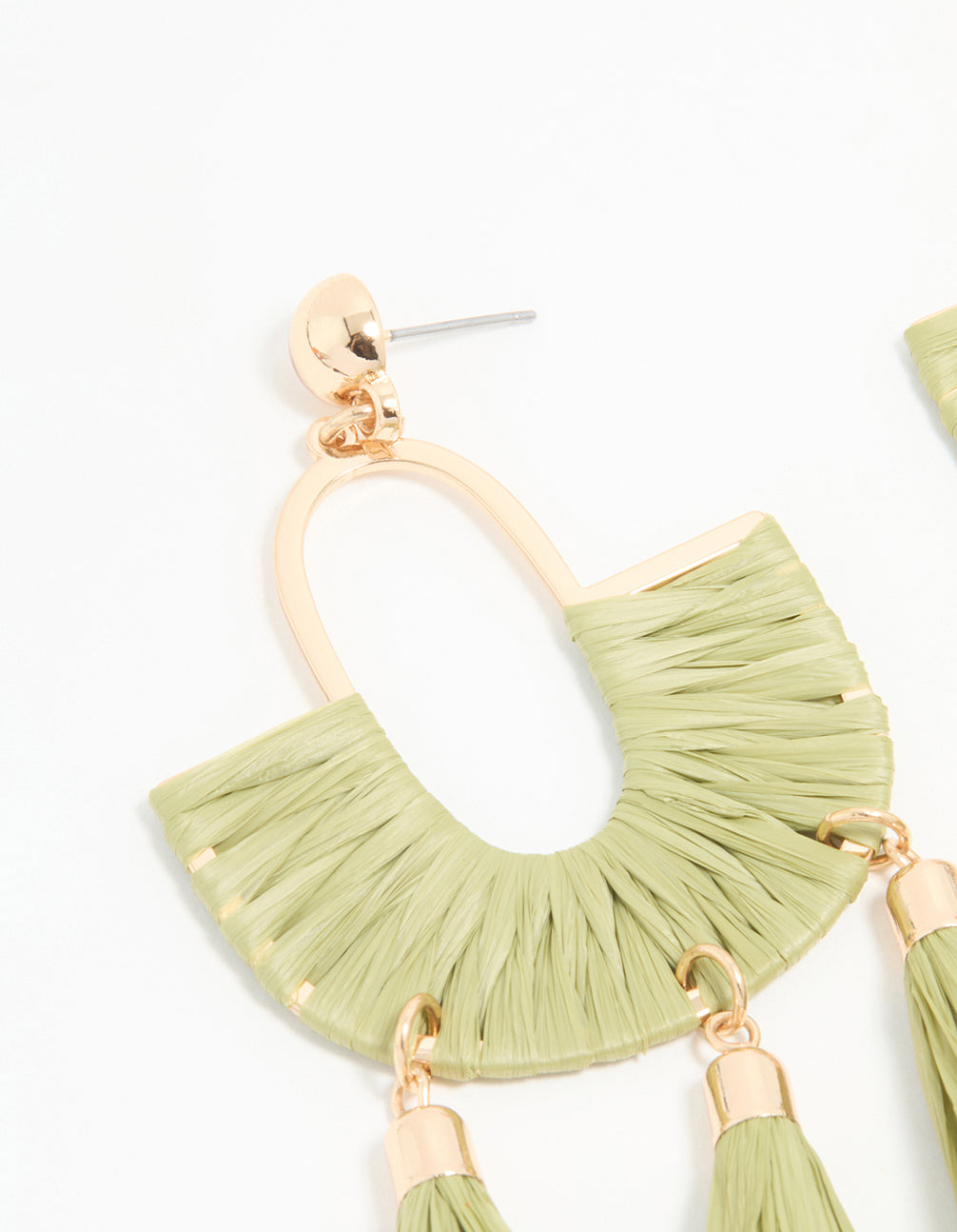 Gold & Green Half Woven Tassel Drop Earrings