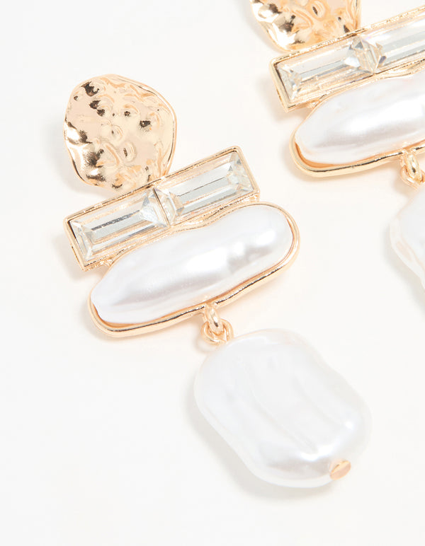 Gold Pearl Diamante Molten Drop Earrings