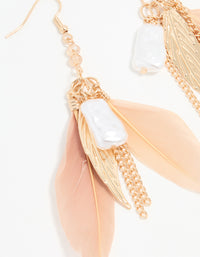 Gold Pearl Leaf Peach Feather Hook Earrings - link has visual effect only