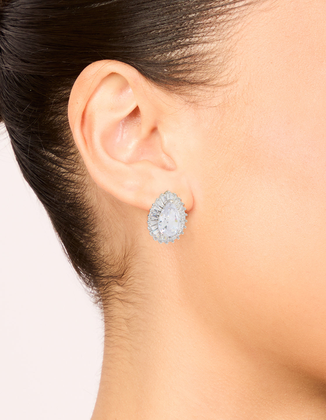 Silver Cubic Zirconia Pear Statement Stud Earrings