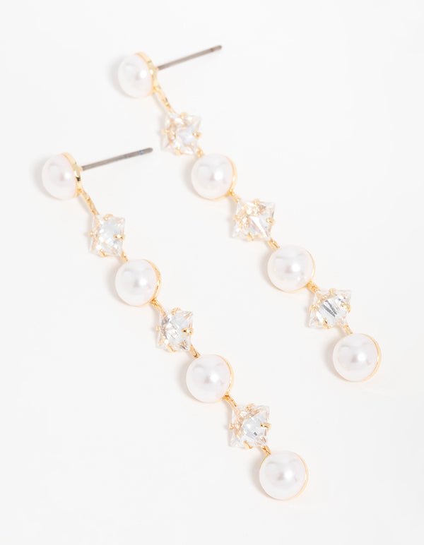 Gold Cubic Zirconia Pearl Alternating Drop Earrings