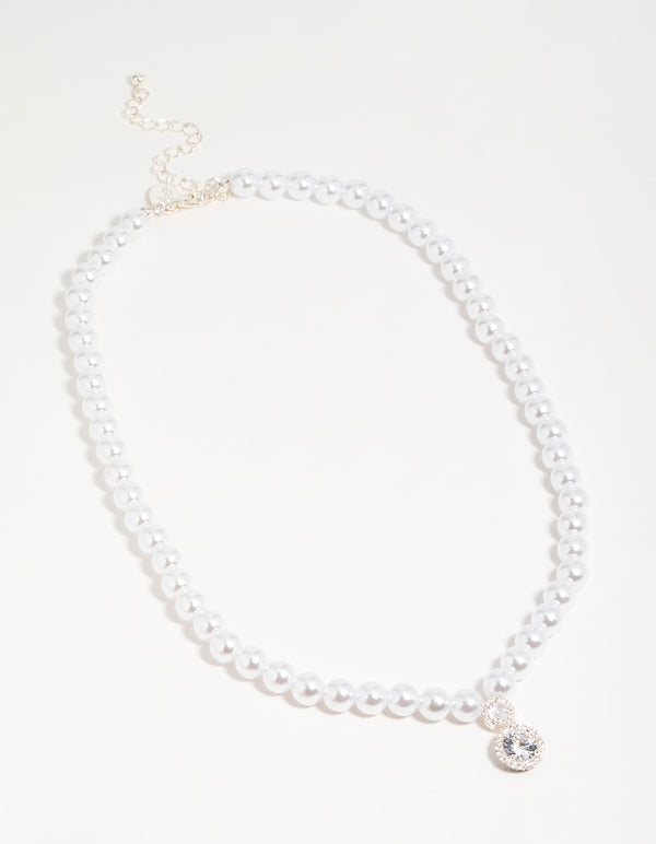 Silver Cubic Zirconia Pearl Short Pendant Necklace