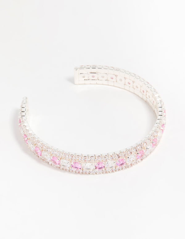 Silver Pink Cubic Zirconia Multirow Wrist Cuff