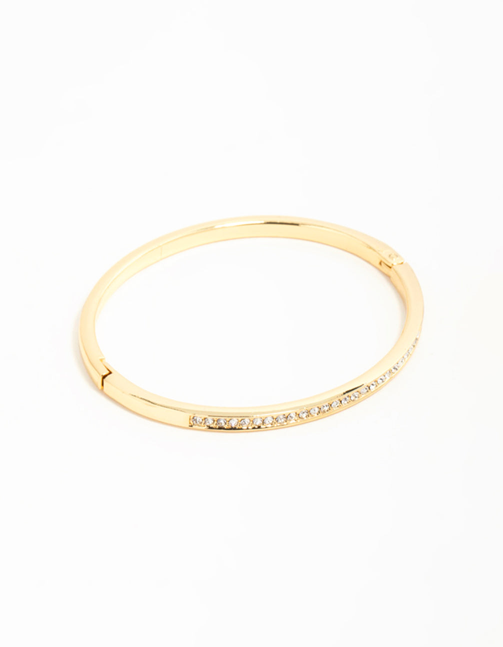 Showcasing a gold diamante hinged bangle front view