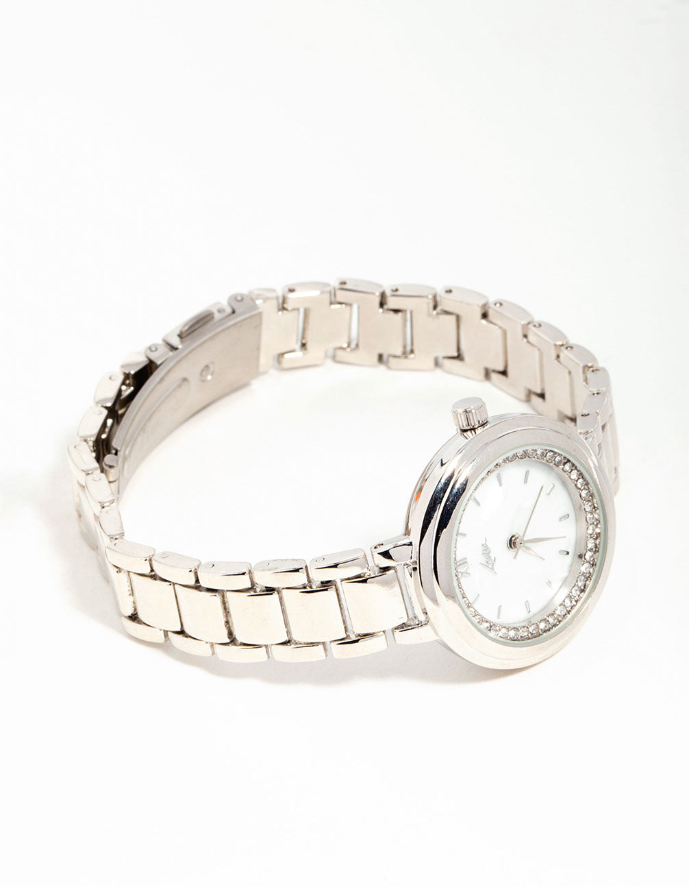 Sophisticated women's watch with white stone-embellished dial, round shape, formal occasion design, link-band strap in silver, and analog display front view