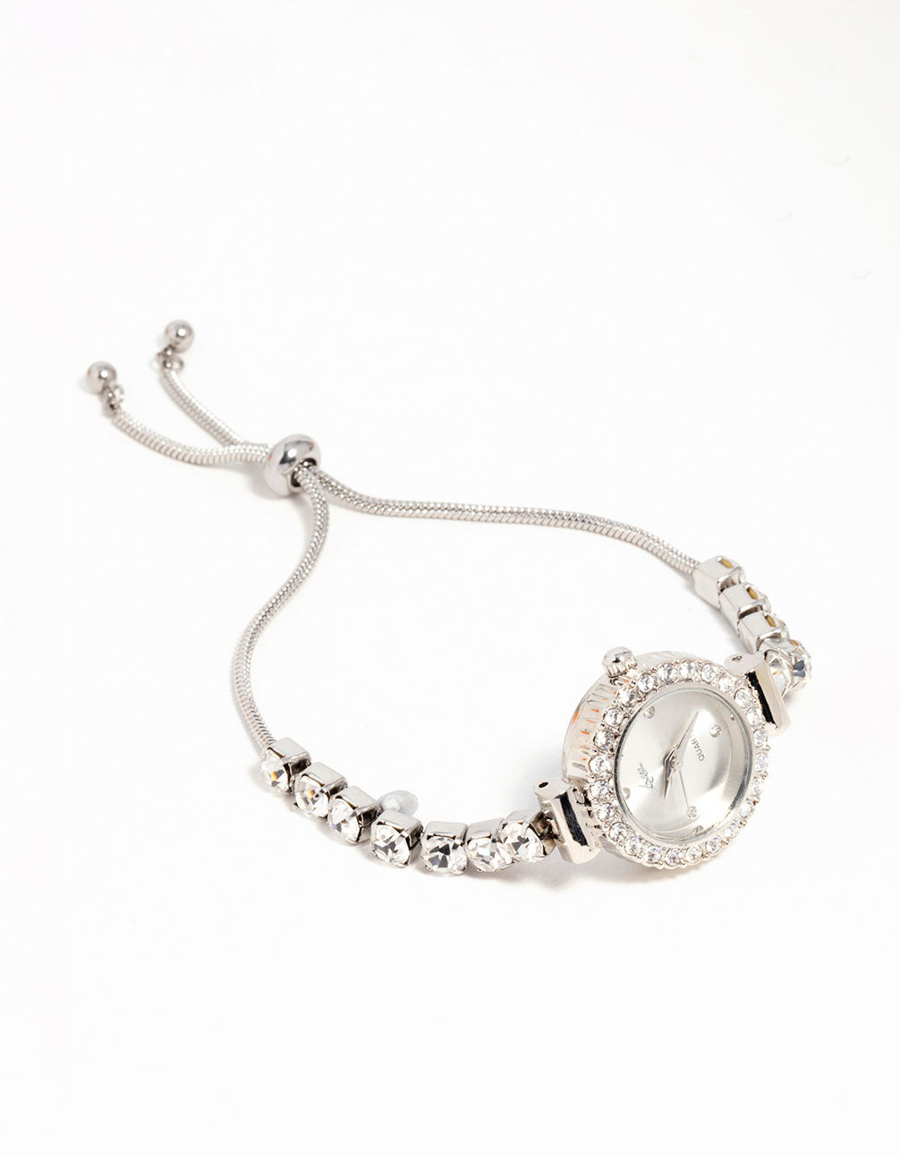 Sophisticated women's analog bolo watch with clear stone-look round dial and link band strap in silver crafted for casual occasions front view