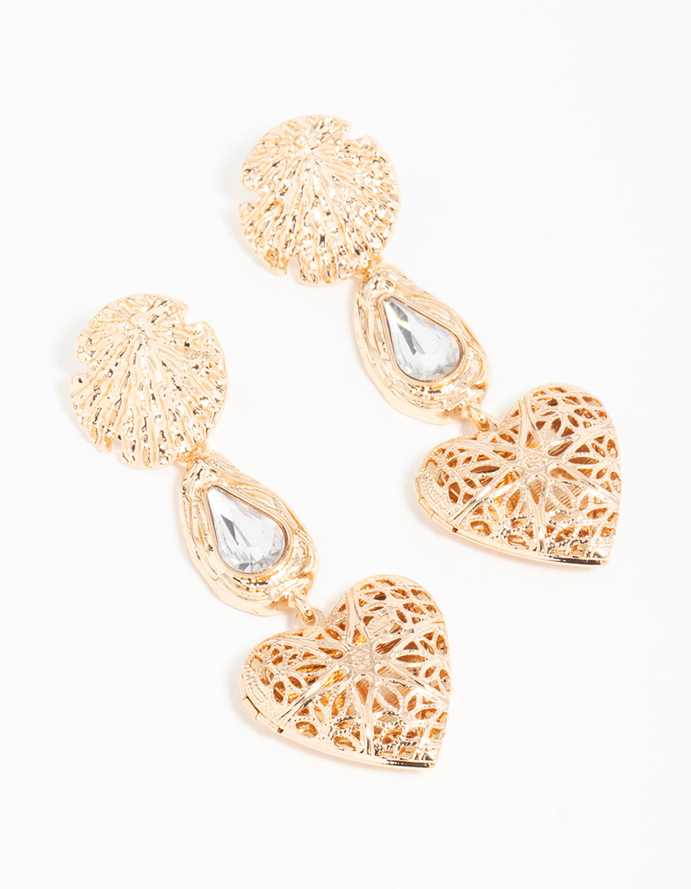 Gold Shell Diamante Etched Heart Locket Drop Earrings