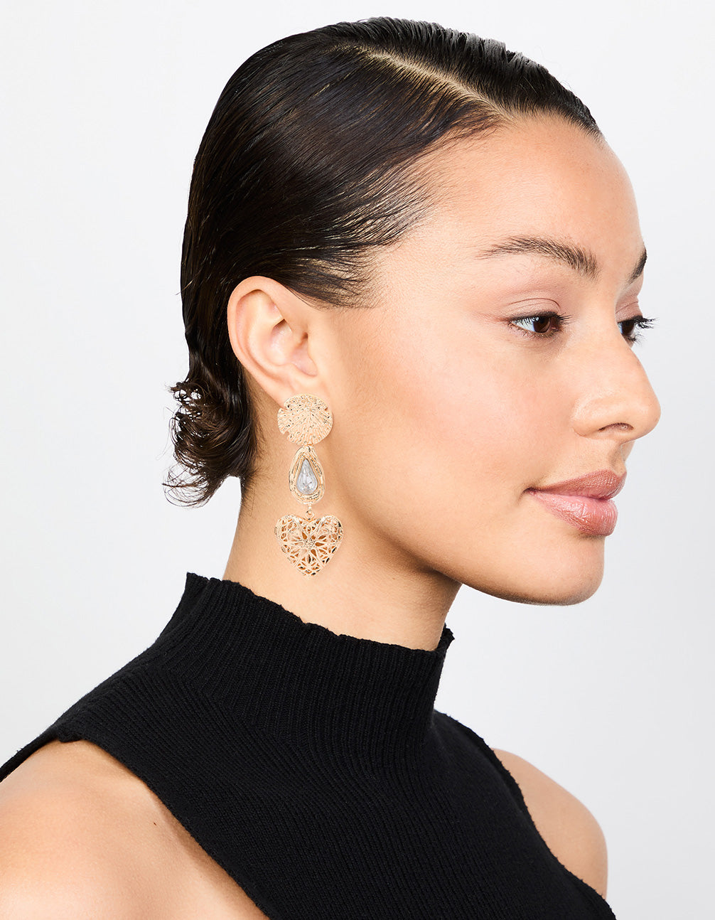 Gold Shell Diamante Etched Heart Locket Drop Earrings