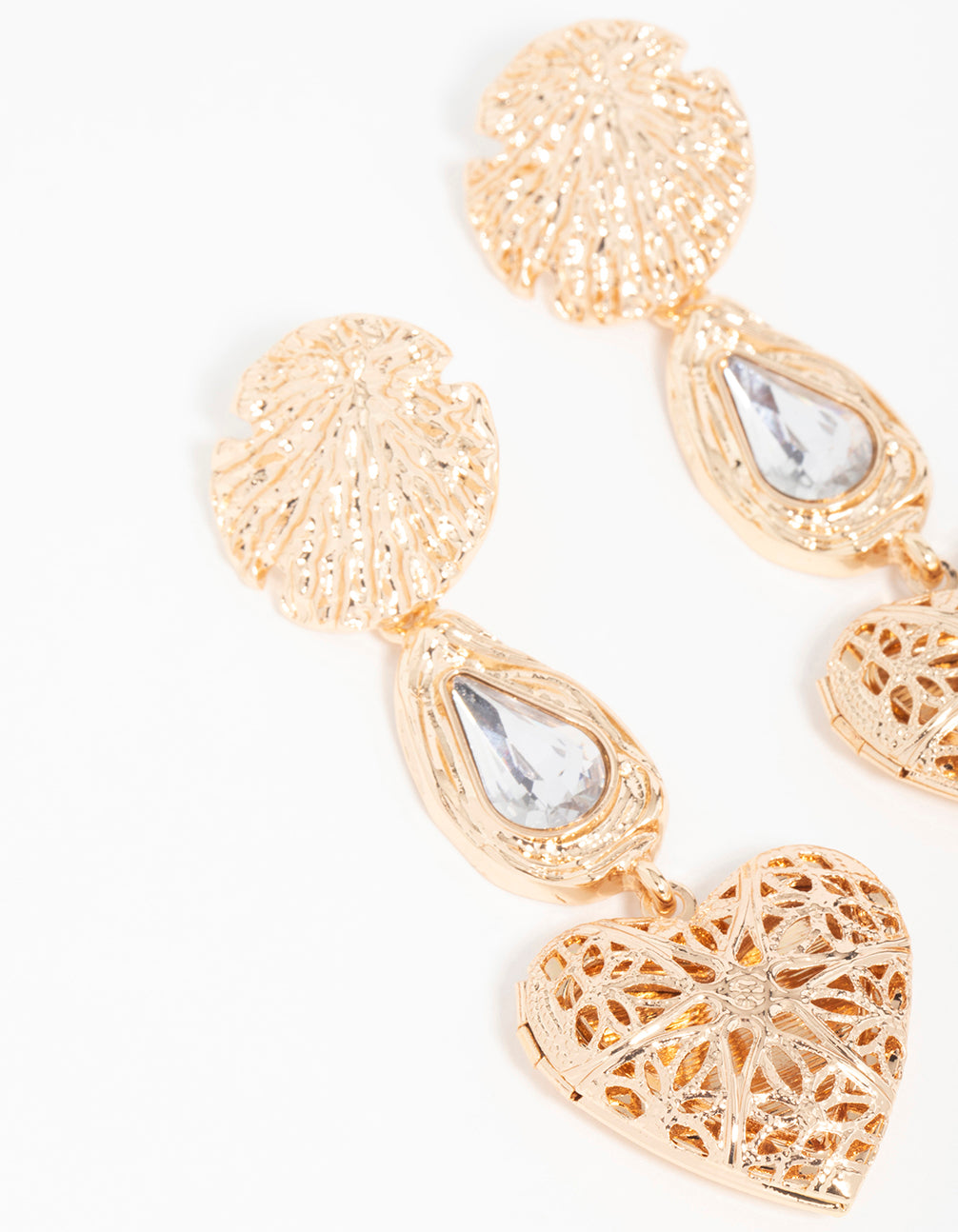 Gold Shell Diamante Etched Heart Locket Drop Earrings