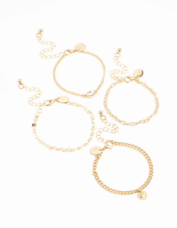 Gold Diamante & Chain Heart Bracelets 4-Pack