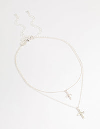Silver Plated Cubic Zirconia & Plain Cross Layered Necklace - link has visual effect only