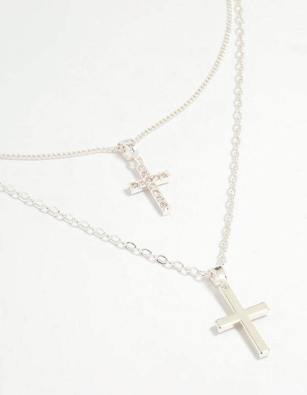 Silver Plated Cubic Zirconia & Plain Cross Layered Necklace