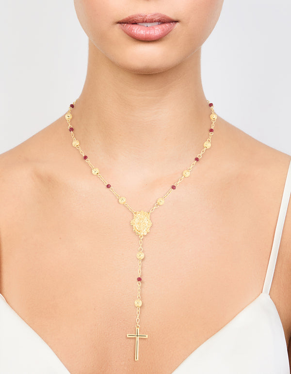 Gold Plated Rose Beaded Locket Cross Y-Necklace