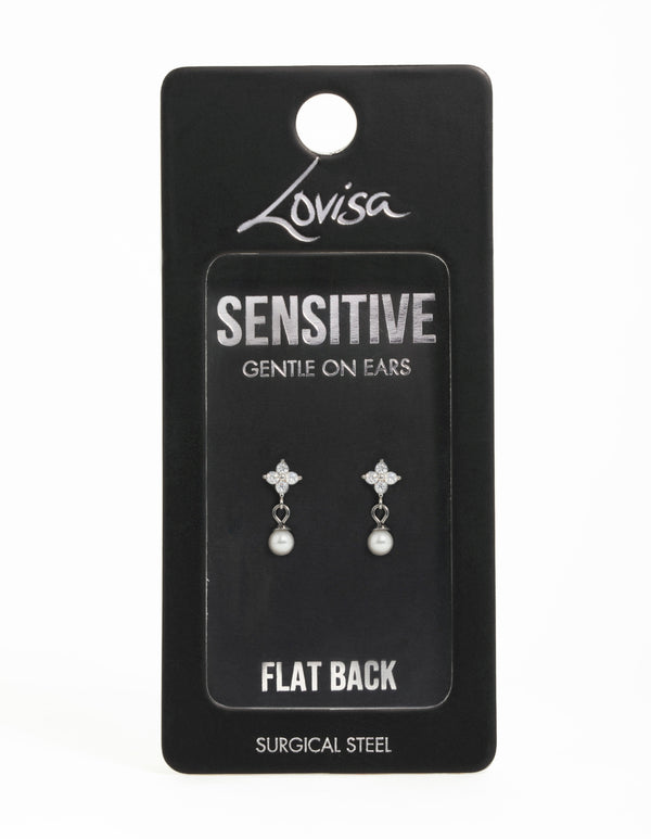 Surgical Steel Pearl Cubic Zirconia Flower Flat Back Earrings