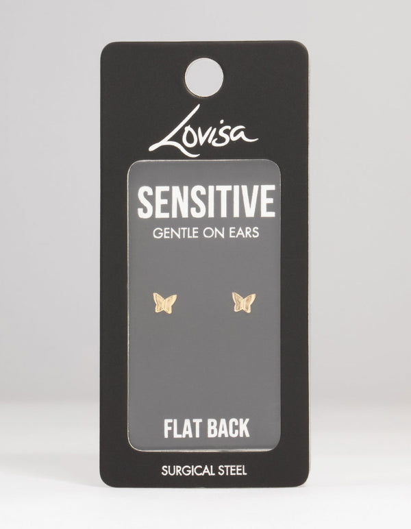 Kids Gold Plated Surgical Steel Butterfly Flat Back Earrings