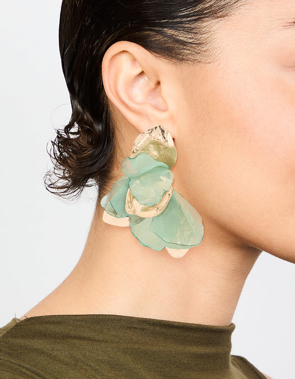 Gold Green Fabric Flower Drop Earrings