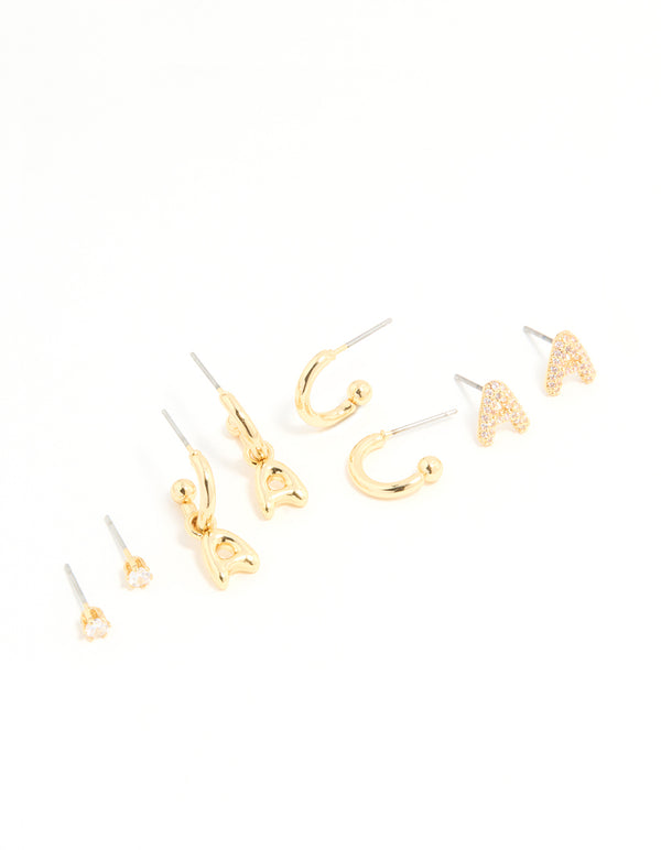 Gold Plated Cubic Zirconia Letter A Stud & Hoop Earrings 4-Pack