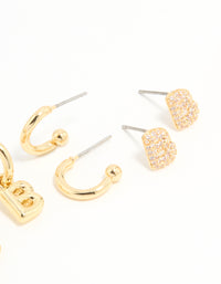Gold Plated Cubic Zirconia Letter B Stud & Hoop Earrings 4-Pack - link has visual effect only