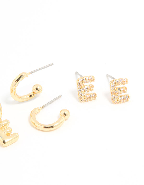 Gold Plated Cubic Zirconia Letter E Stud & Hoop Earrings 4-Pack