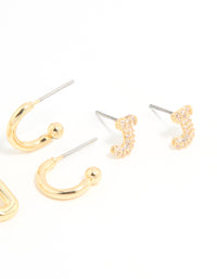 Gold Plated Cubic Zirconia Letter J Stud & Hoop Earrings 4-Pack - link has visual effect only