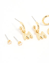 Gold Plated Cubic Zirconia Letter M Stud & Hoop Earrings 4-Pack - link has visual effect only