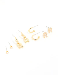 Gold Plated Cubic Zirconia Letter R Stud & Hoop Earrings 4-Pack - link has visual effect only