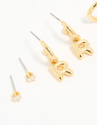 Gold Plated Cubic Zirconia Letter R Stud & Hoop Earrings 4-Pack - link has visual effect only