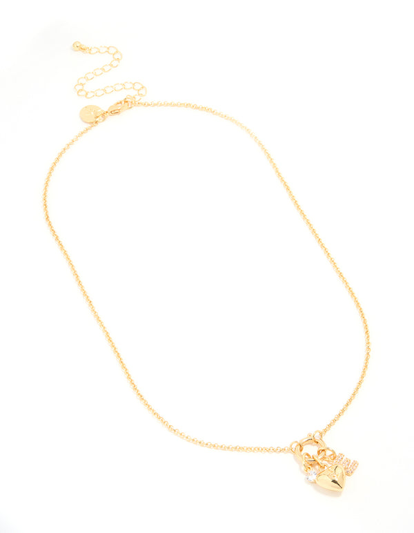 Gold Plated Bubble E & Heart Charm Necklace