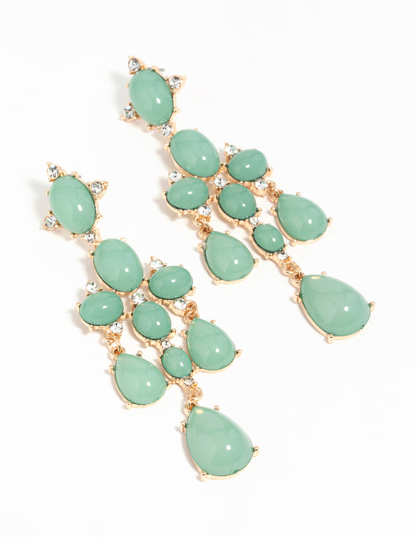 Gold Green Stone Tiered Drop Earrings