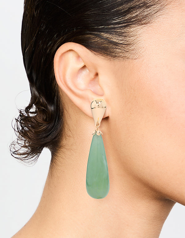 Gold Green Teardrop Drop Earrings