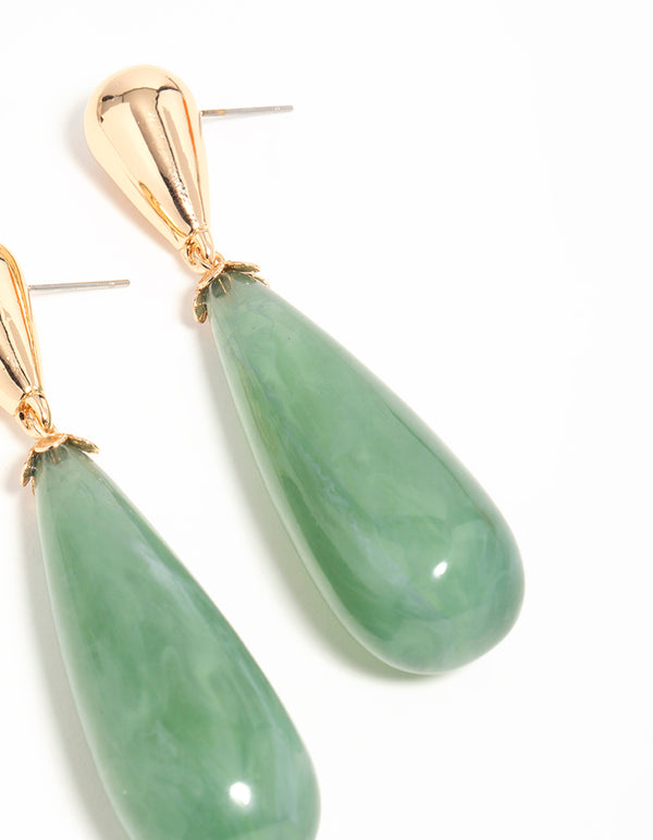Gold Green Teardrop Drop Earrings
