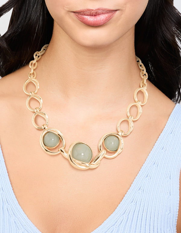 Gold Green Stones Circle Necklace