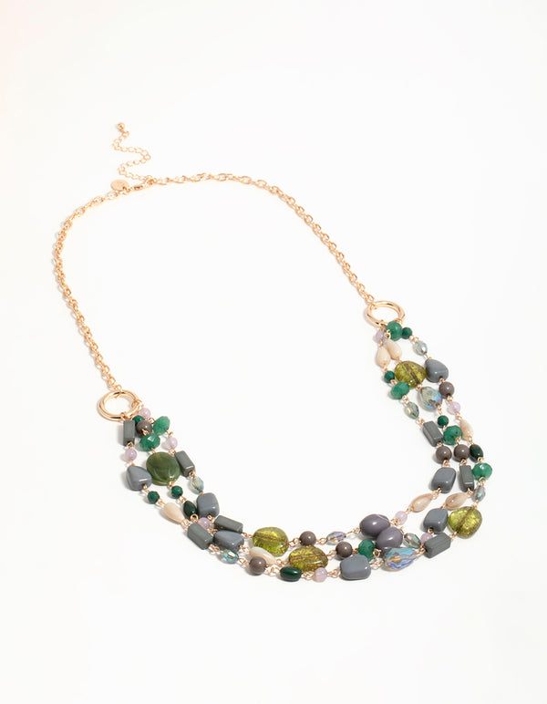 Gold Green & Grey Beaded Chain Necklace