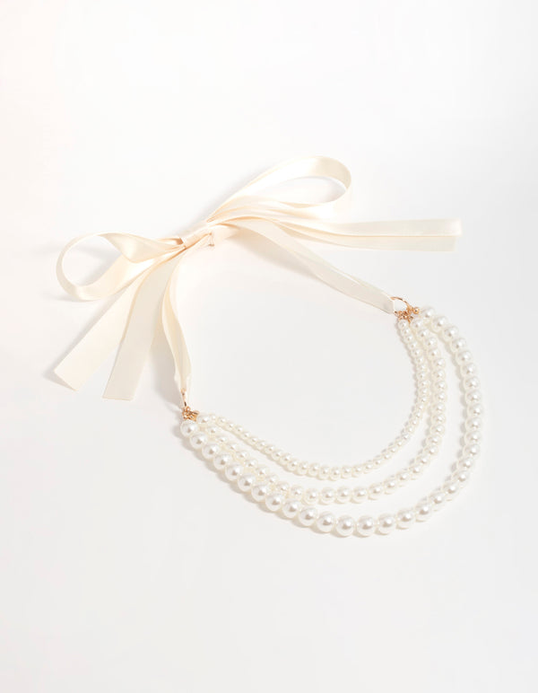 Pearl Fabric Tie-Up Necklace