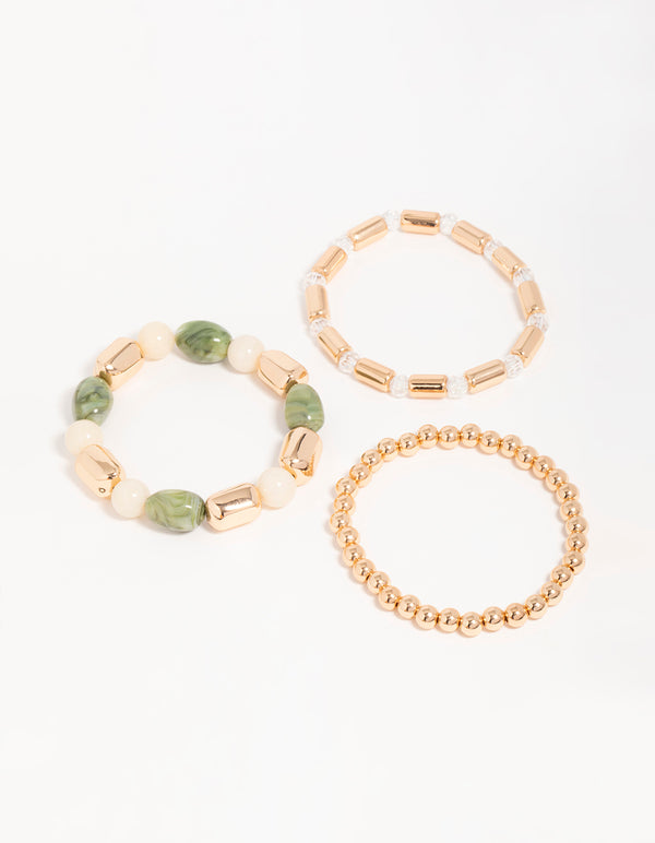 Gold & Green Beaded Stretch Bracelets 3-Pack