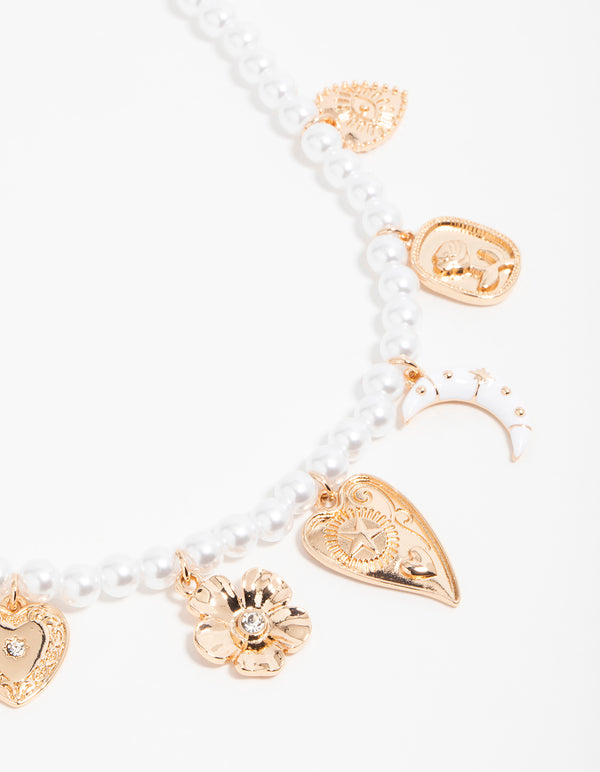 Gold Pearl Celestial Charm Necklace