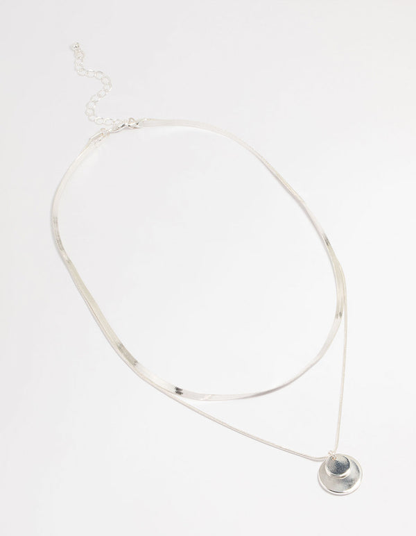 Silver Plated Disc Pendant Layered Necklace