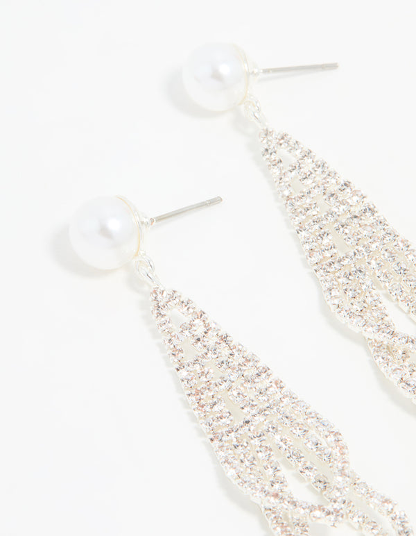 Silver Diamante Pearl Triangular Layered Earrings 2-Pack
