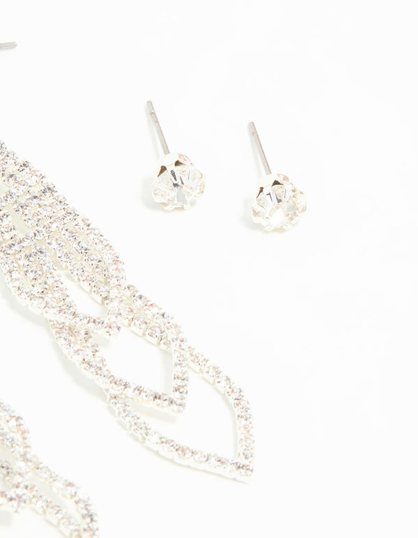 Silver Diamante Pearl Triangular Layered Earrings 2-Pack