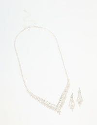 Silver Diamante Marquise Zigzag V Necklace & Earring Set - link has visual effect only
