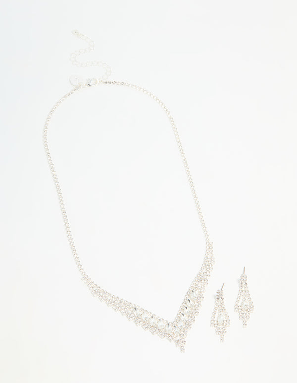 Silver Diamante Marquise Zigzag V Necklace & Earring Set