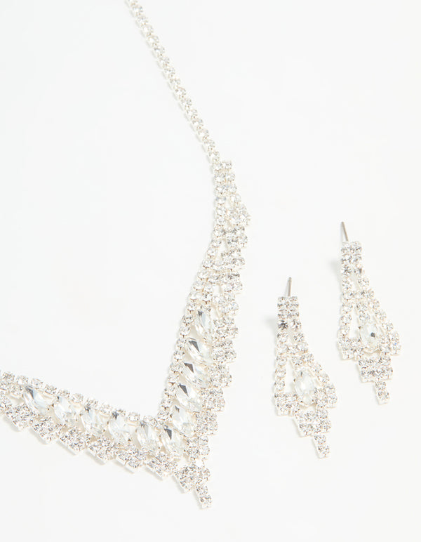 Silver Diamante Marquise Zigzag V Necklace & Earring Set