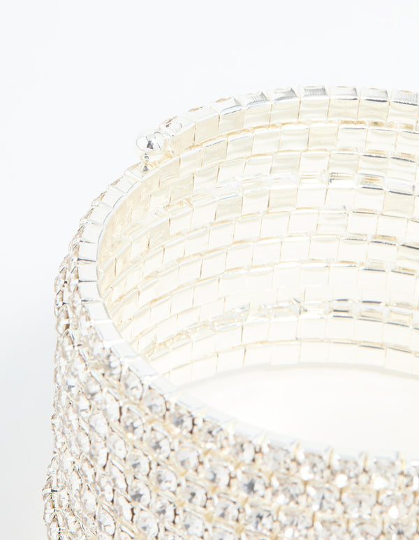 Silver Diamante Wrapped Multirow Wrist Cuff