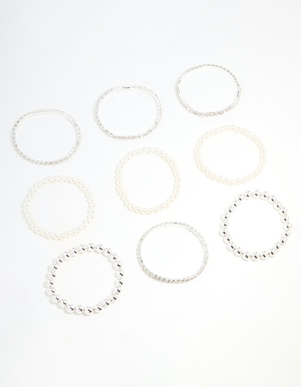 Silver Diamante & Pearl Ball Bracelets 9-Pack