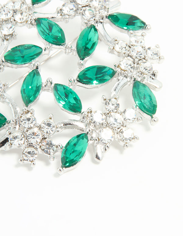 Silver Green Diamante Floral Circle Brooch