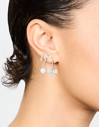 Silver Cubic Zirconia Pearl Bow Huggie Earrings 3-Pack - link has visual effect only